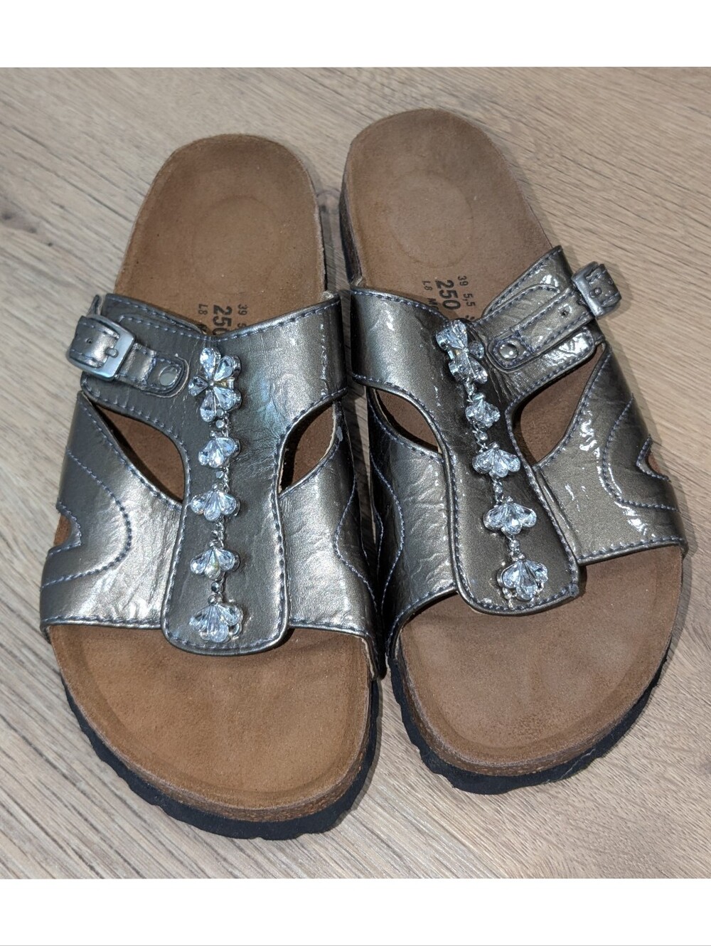 Betula By Birkenstock Leather Pewrer Jeweled Slide Sandals